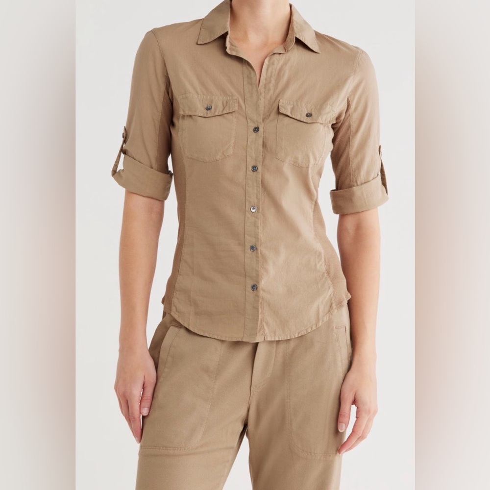 James Perse 3/4 sleeve button down shirt (size 3 = woman 8-10) NWT New Cashew